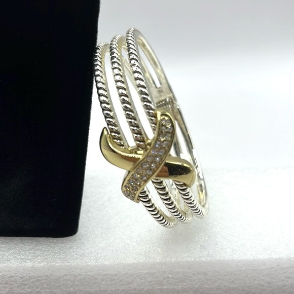 Rope Bracelet Love Crossover Silver Tone Cable Hinged Rhinestone Bangle Chunky - Picture 4 of 10
